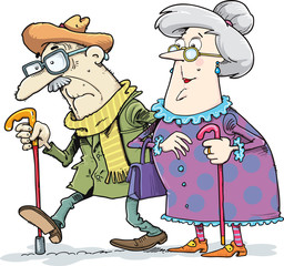 Old senior man and woman in glasses standing or walking together arm in arm