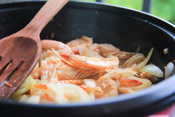 Shrimp stir fry in a pan, Thai food