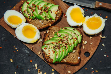Avocado Sandwich with Fried Egg - sliced avocado and egg on toasted bread for healthy breakfast or snack, copy space.