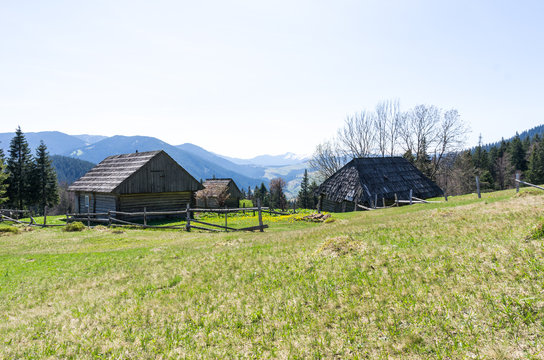 Several wooden houses in the mountains. Houses made of wood.