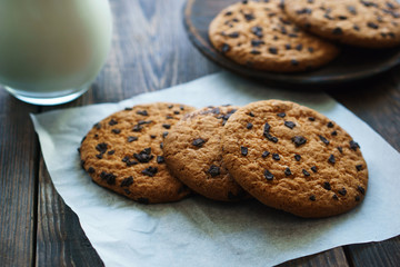 Chocolate chip cookies and fresh milk, sweet homemade biscuits, handcrafted pastry, family weekend breakfast