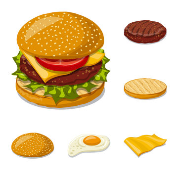 Vector illustration of burger and sandwich sign. Set of burger and slice vector icon for stock.
