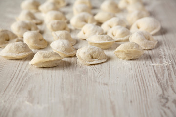 Homemade raw tortellini on white wooden background, side view. Copy space.