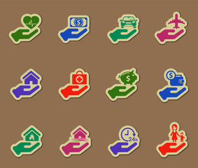 insurance hand color vector icons on paper stickers