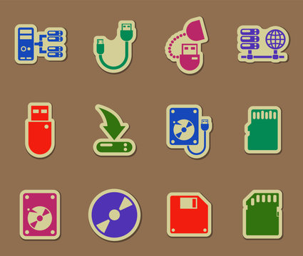 memory drives color vector icons on paper stickers