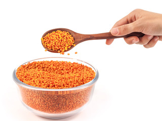 Yellow lentil in glass bowl with wooden spoon in the hand isolated on white background.