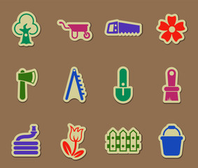 gardening color vector icons on paper stickers