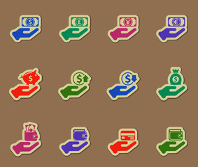 hand and money color vector icons on paper stickers
