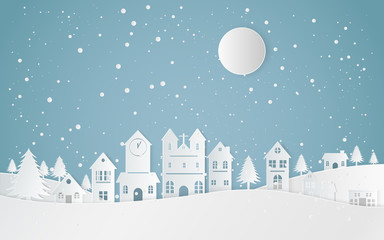 Fototapeta na wymiar Winter Snow Landscape City ,Happy new year and Merry christmas,paper art and craft style.