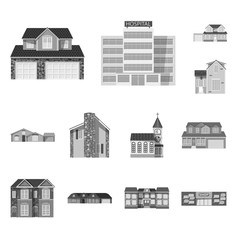 Vector illustration of building and front sign. Set of building and roof vector icon for stock.
