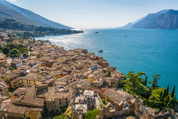 Town of Malcesine on Lago di Garda skyline view, Veneto region of Italy. Aerial view, top view