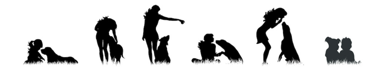 Vector silhouette of people with dog white background.