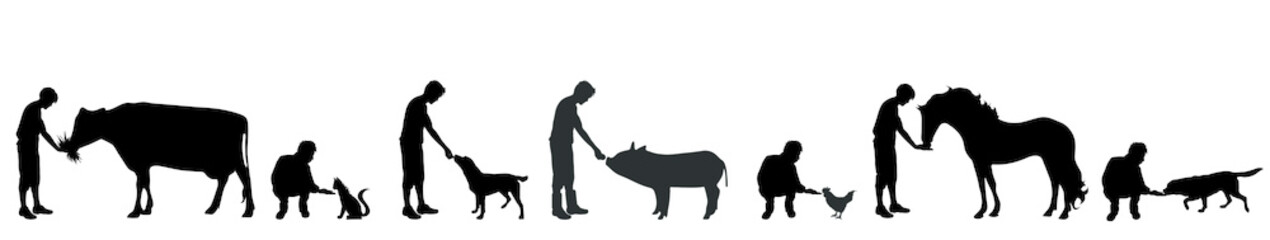 Vector silhouette of man who give food animal on white background.