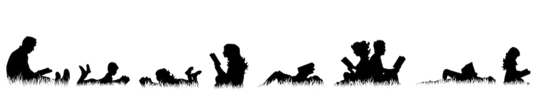 Vector silhouette of people who read on meadow.