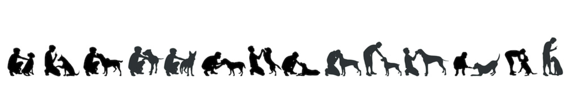 Vector silhouette of man with dog white background.