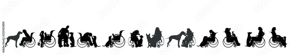 Sticker vector silhouette of set of people on wheelchair with dog.