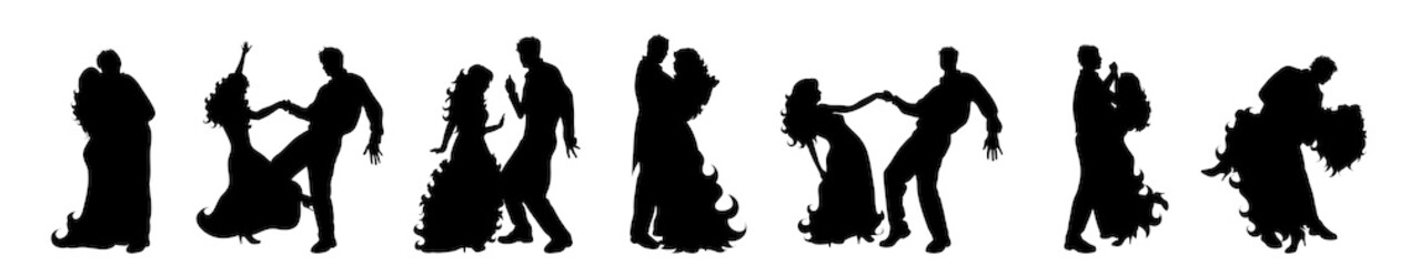 Vector silhouette of set of couple who dance.