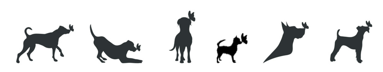 Vector silhouette of dog set with butterfly on white background.