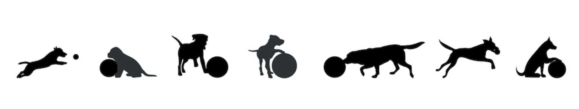 Vector silhouette of dog set with ball on white background.