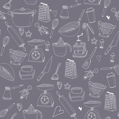Hand drawn doodle kitchen utensils. Graphic vector seamless pattern. Dark background