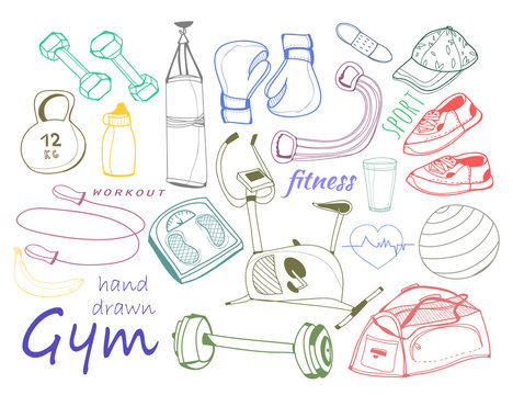 Hand drawn doodle sport elements. Colored graphic vector set. All elements are isolated