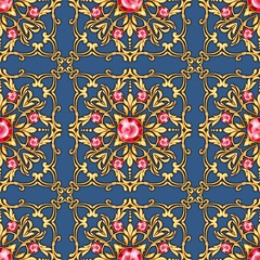 Seamless luxury pattern with gems and golden scrolls