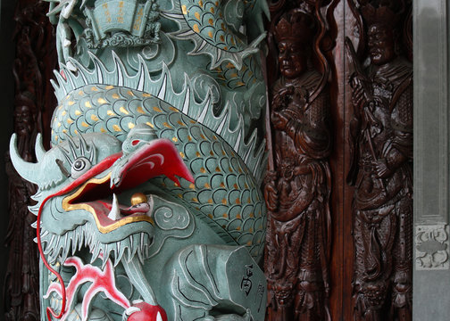 Dragon stone relief as temple decoration in Taiwan, China, Asia