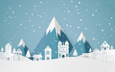 Obraz na płótnie Canvas Winter Snow Landscape City ,Happy new year and Merry christmas,paper art and craft style.