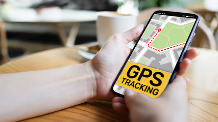 GPS tracking map on smartphone screen.  Global positioning system, navigation concept.