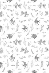 pattern with the image of aquarium fish, corals and algae