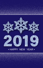 Purple Happy New Year 2019 greeting card with shiny snowflakes.