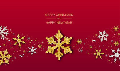Merry Christmas and Happy New Year card with shiny snowflakes.
