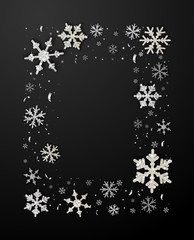 Fototapeta premium Christmas and New Year poster with frame of silver snowflakes.