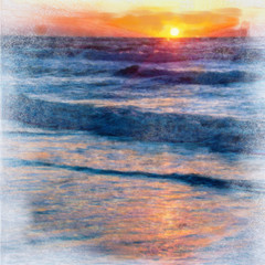 Fototapeta na wymiar painting on sun down with waves