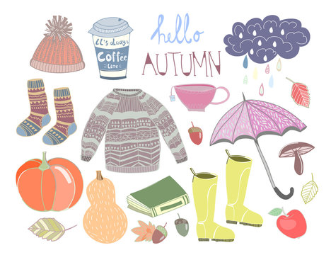 Hello autumn. Hand drawn colored doodle vector set. All elements are isolated
