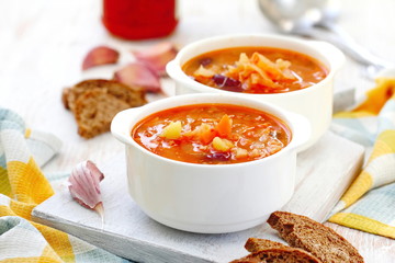 Traditional Russian Ukrainian vegetable borscht soup