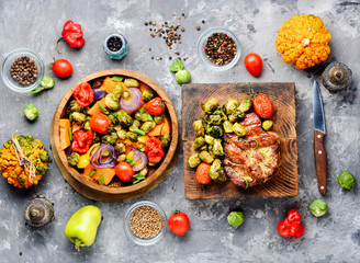 Beef steaks with grilled vegetables