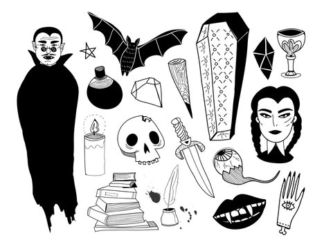 Doodle Scary Vampire And Various Spooky Stuff. Hand Drawn Graphic Vector Set. All Elements Are Isolated