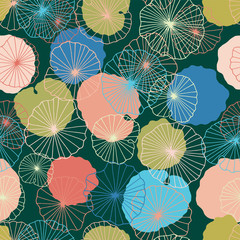 Waterlilies or lotus flowers and leaves in a pond seamless pattern background texture in a modern colorful style. Vector.