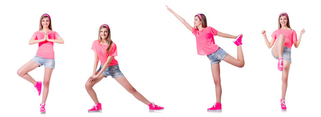 Young woman doing exercises on white
