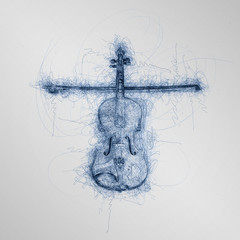 blue pen sketch of wooden children violin with fiddle and stick making a cross