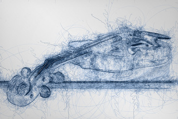 blue pen sketch of wooden classic violin lying on it's stick © A2LE