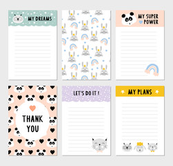 Cute weekly planner. Funny to do list with baby animals. Rainbow and bunny pattern. Vector illustration.