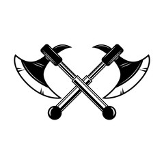 Crossed medieval axe. Design element for label, badge, sign.