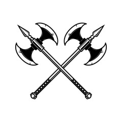 Crossed medieval axe. Design element for label, badge, sign.