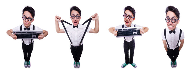 Nerd hacker with computer keyboard on white