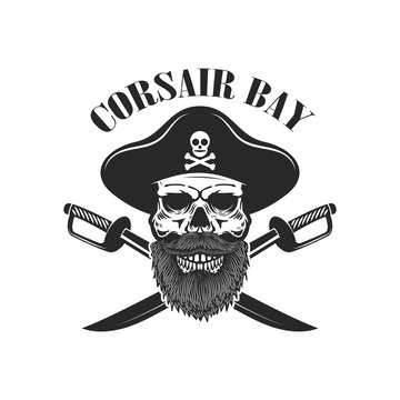 Pirate skull with crossed sabers. Design elements for logo, label, sign, menu.