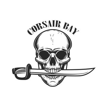 Pirate skull with saber in mouth. Design elements for logo, label, sign, menu.