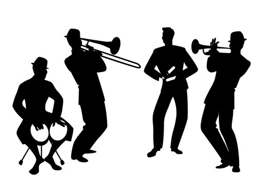 Silhouettes of Latin band. Four Latin musicians playing bongos, trumpet, claves and trombone.