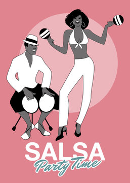 Salsa Party Time. Young man playing bongos and beautiful woman dancing and playing maracas